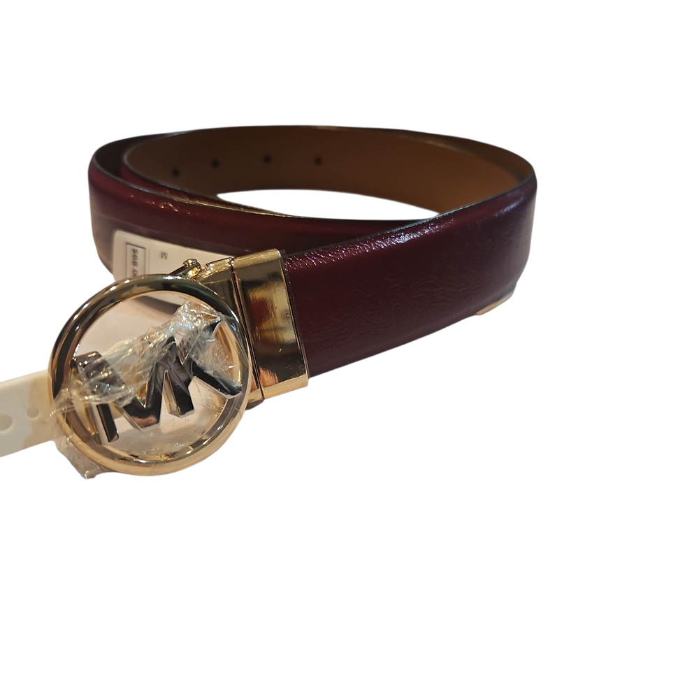 Michael Kors Burgundy Leather Belt with Gold Buckle